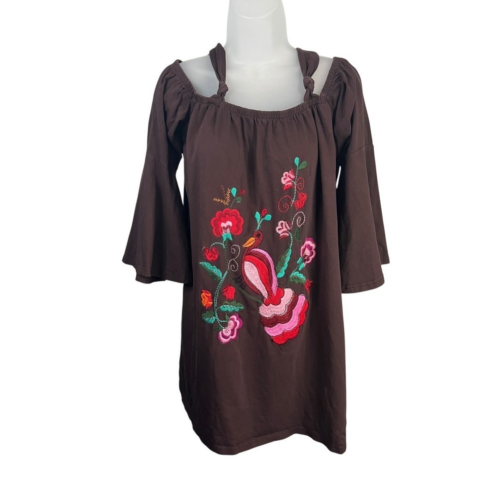 VaVa by Joy Han Brown Embroidered Bird Floral Cold Shoulder Top - Sz L